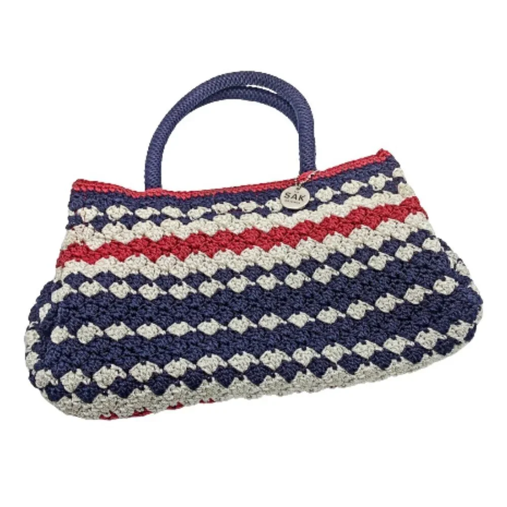 The Sak Original Red White Blue Stripe Crochet Satchel Bag